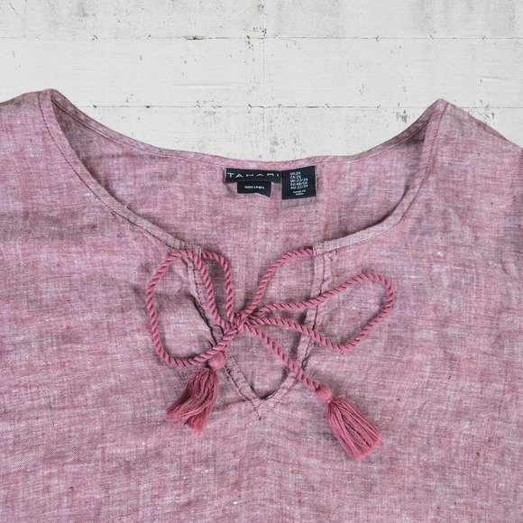 Tahari Washed Red Linen Tassel V Neck Boho Peasant Blouse Size 2X - Picture 3 of 7